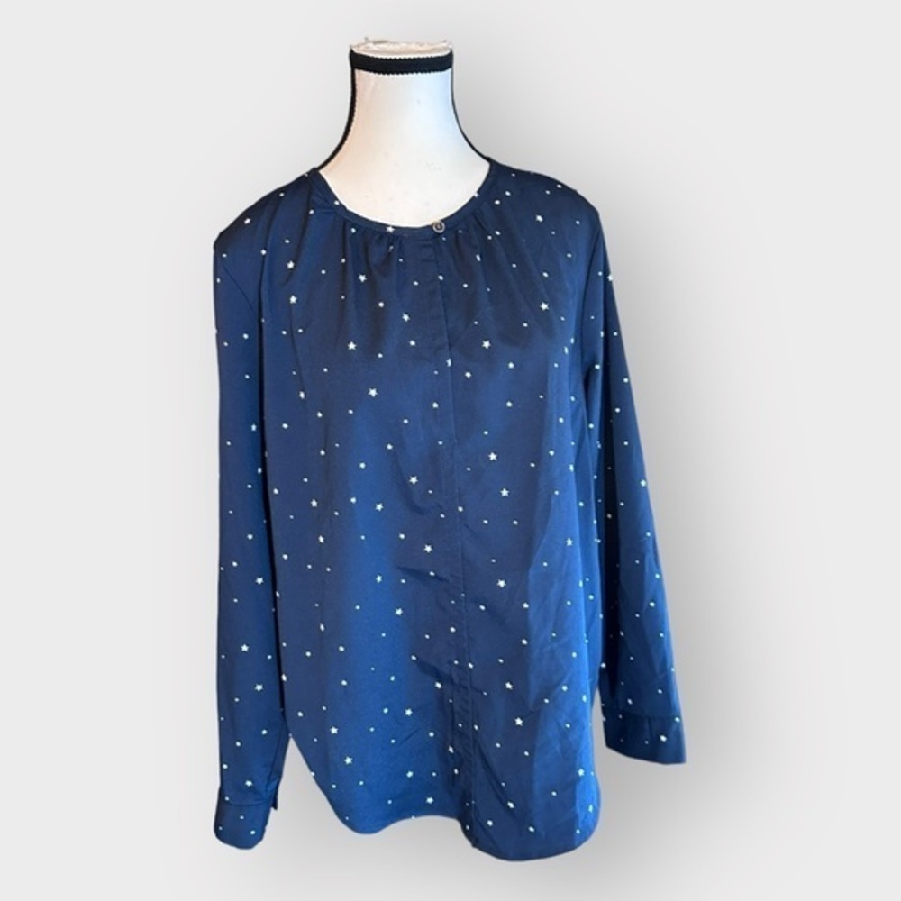 Women’s Bass Large Collarless Navy Blue Chiffon Keyhole Neck Star Print Top